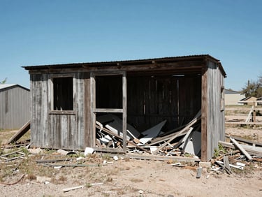 Wide-angle documentary shot of a decaying wooden shed overflowing with debris in a Texas backyard, harsh direct sunlight.
