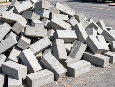 Sharp focus shot of a massive pile of concrete blocks and drywall blocking an asphalt commercial driveway, bright daylight.