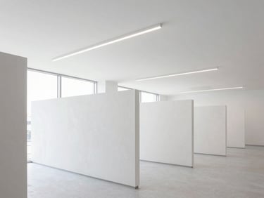 Bright modern office interior with clean suspended ceilings and perfect drywall partitions, geometric architectural perspective