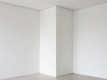 Modern living room with flawless white plaster walls, sharp corners, minimalist furniture, bright daylight showing smooth surface textures