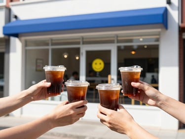 Bright candid shot of hands holding free cold brew samples outside a modern coffee shop on a sunny day, high contrast