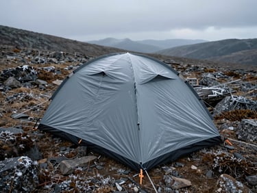 Close overhead view of a tent pitched on exposed alpine tundra, guy lines taut in wind, frost forming on the rain fly, rocky terrain visible beneath, overcast sky, no people