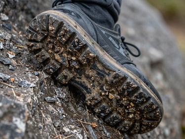 Extreme close-up of worn boot sole gripping wet schist rock, lug pattern caked with mud and debris, harsh side light revealing texture and wear, no person visible above the ankle