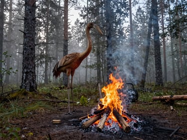 Wide environmental shot of a bushcraft fire setup in dense boreal forest, a hand-carved wooden pot crane over coals, morning fog in the tree line behind, no people, cold ambient light filtered through canopy, ash and char showing sustained use