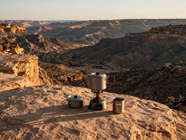 Wide shot of a fire-scarred canyon at golden hour, a camp stove and titanium cookset on a flat sandstone ledge in the foreground, long shadows cast across dry earth, no people, gear showing field use