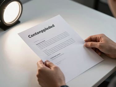 Close-up of hands holding a printed contemplated-letter document over a clean desk, studio strobe lighting, high contrast white surface