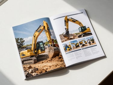 Overhead flat-lay of a heavy equipment brochure beside a printed group-performance report on a white desk, bright north-facing daylight, no people