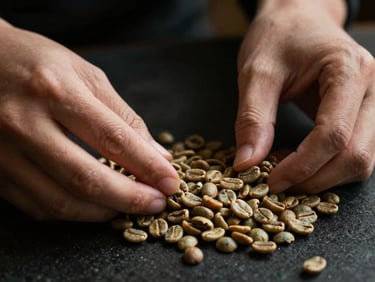 Macro close-up of hands carefully sorting raw green coffee beans on a dark obsidian table, warm side-lighting.