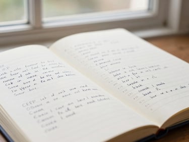 Close-up of a notebook open to a page with handwritten English notes and CEFR level markings, soft natural window light, academic navy and cream tones, shallow depth of field, 35mm.