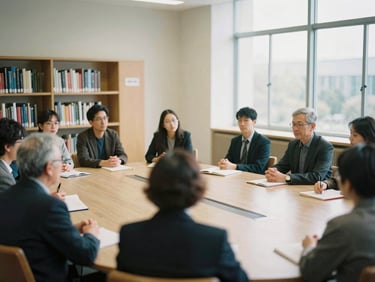Diverse group of academics and community leaders at a roundtable discussion, architectural details of a university library in the background, soft natural window light, 35mm film grain