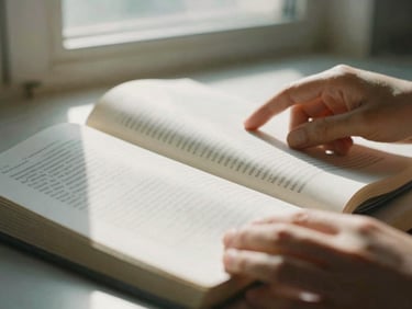Close-up of hands turning pages of a large academic text, with abstract patterns of light and shadow, soft natural light, 35mm film grain