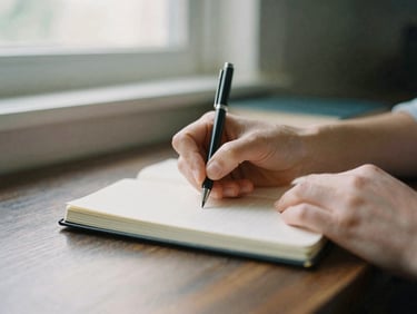 Hands writing in a journal on a dark wooden desk, soft natural window light, shallow depth of field, 35mm film grain