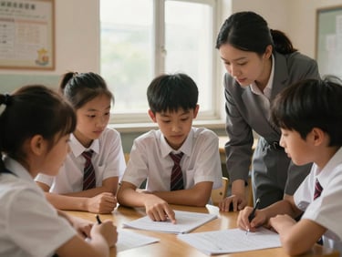 A small group of middle school students gathered around a table, one student pointing at a worksheet while a staff member listens, warm window light, lived-in study room environment