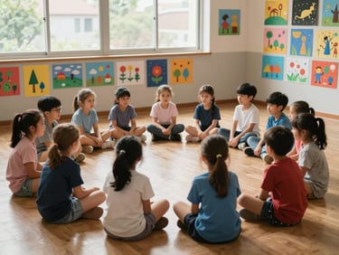 Elementary school children sitting in a circle on the floor during an informal group activity, natural light from a large window, colorful student artwork visible on the walls behind them