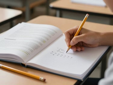 Close-up of open textbooks and pencils on a classroom desk, warm indoor light, a student's hand writing notes in a notebook