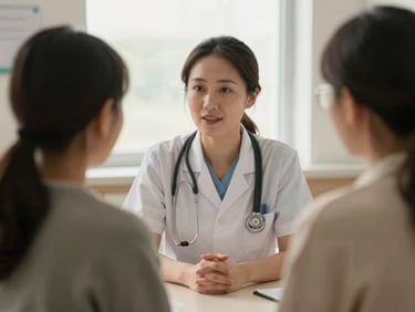 A healthcare worker in a local clinic speaking gently with a patient, soft natural light, environmental portrait.