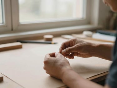 A close-up of hands working on a craft in a local workshop, natural window light, warm muted tones.
