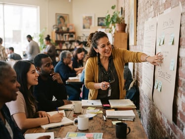 Candid environmental portrait of a community leader guiding a collaborative workshop in a naturally lit, warm-toned neighborhood space, documentary film style.