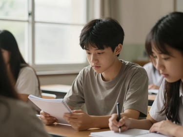 A student in a collaborative classroom environment looking thoughtfully at a notebook, natural window light, warm muted tones.