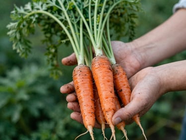 Close-up of dirty hands holding freshly harvested heirloom carrots with green tops, soft morning light, rich forest green tones