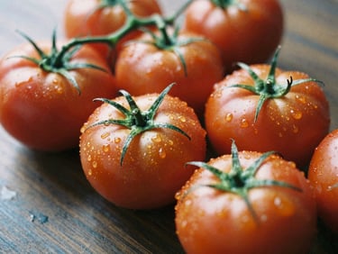 Close-up of fresh heirloom tomatoes resting on a dark wooden table, soft daylight illuminating water droplets, rich green stems, 35mm film look