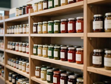 Interior of a modern Scandinavian-style specialty food market, wooden shelves with artisanal jars, soft diffused daylight