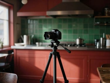 A camera on a sturdy tripod positioned in a rustic, sunlit restaurant kitchen, moody natural shadows, rich crimson tones
