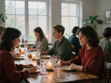 A cozy Scandinavian-style dining room filled with guests, warm candlelight, soft diffused daylight coming through large windows