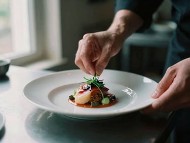 Close-up of chef hands plating a delicate dish in a moody, dimly lit kitchen, soft daylight coming from a side window, 35mm film look