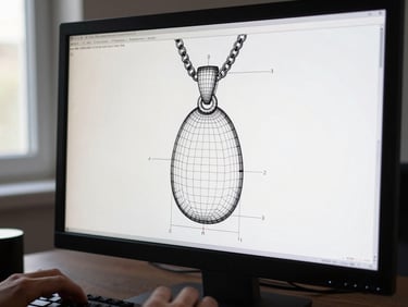 High-contrast CAD screen capture showing a detailed wireframe model of a necklace pendant with visible node structure and dimensional markup annotations, documentary daylight from a window to the left, hands partially visible at the keyboard below the monitor