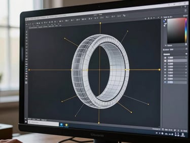 Ultra-close CAD screen capture showing a wireframe ring model in jewelry design software, mesh topology visible over a dark UI background, construction lines and node points rendered in white and gold over the dark viewport, no hands in frame, documentary daylight from a side window catching the monitor edge