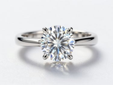 Close-up dead-on view of a photorealistic 3D rendered diamond engagement ring, studio-lit with sharp shadow on a pure white surface, surface texture of platinum band visible at macro scale, extreme detail on the prong setting and faceted stone