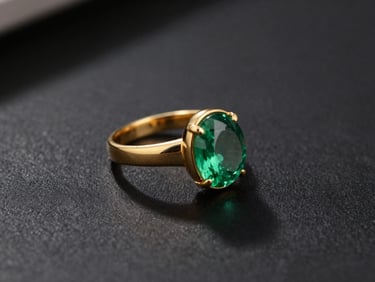 45-degree angle photorealistic render of a gold and emerald cocktail ring on a minimal matte black surface, studio north-light with sharp controlled shadows, shallow depth of field isolating the stone setting, no background distractions
