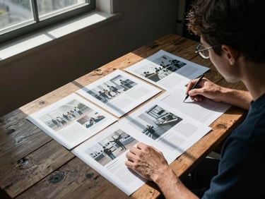 Crisp editorial photo of a creative director reviewing physical print proofs on a rustic wooden table, high-contrast natural daylight from a side window, sharp defined shadows, cool tones, 35mm