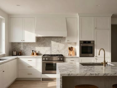 Editorial eye-level shot of a modern kitchen with custom white oak cabinetry, premium integrated appliances, and a marble island under soft daylight.