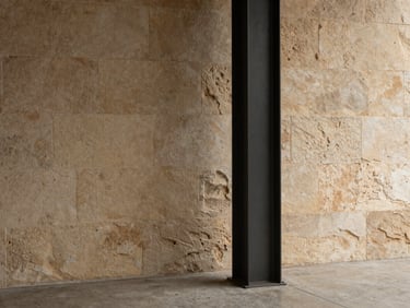 Editorial interior detail of historic textured stone wall juxtaposed with a clean black steel structural column, soft side daylight, concrete floor.