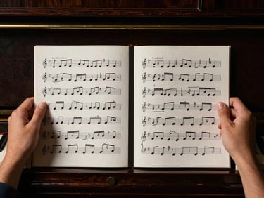 Symmetrical medium shot of a student analyzing classical sheet music under dramatic side-light, rich dark tones, sharp focus, 50mm.
