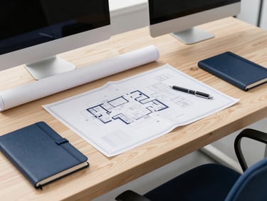 Overhead clean architectural shot of a modern workshop table with blueprints, notebooks, and digital screens under bright daylight, corporate navy accents.