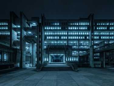 Wide panoramic shot of a brutalist institutional building facade, cold blue fluorescent lighting, sharp architectural lines, extreme wide angle, desaturated slate and cyan tones, no people.