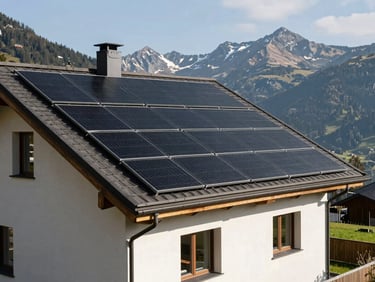 Modern Swiss single-family house with integrated black photovoltaic roof tiles, bright natural alpine light, clean architectural lines.