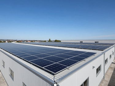 Wide shot of a commercial warehouse roof covered in high-performance solar panels under a clear blue Swiss sky, precise engineering.