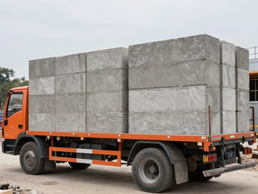 A flatbed delivery truck loaded with custom-sized concrete blocks parked on a modern Hyderabad construction site, cool concrete greys with sharp orange accents, 35mm