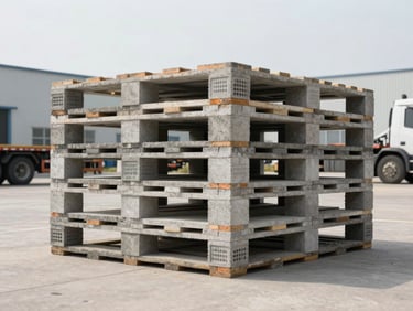 Low-angle heroic shot of neatly stacked concrete block pallets in an open industrial yard, flatbed delivery truck in the background, bright overcast daylight, 35mm