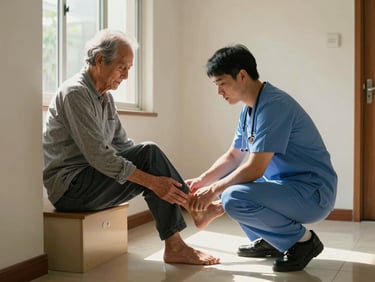 Wide shot of a clinician crouching beside an older patient seated on a low step at home, assessing the patient's ankle and foot position under warm directional daylight from a hallway window