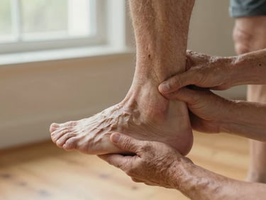Close-up framing of a physical therapist's hands guiding an older patient's ankle during a balance assessment, warm natural light from a side window, wooden floor visible in background