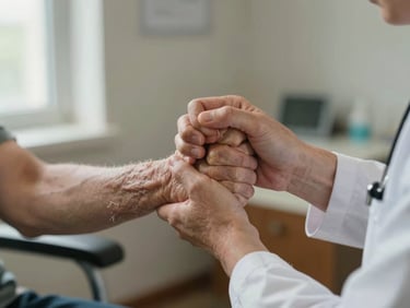 Close-up of a clinician's hands performing a grip-strength assessment on an older patient's forearm during a seated clinical evaluation, natural window light from the left, neutral clinical background softly out of focus