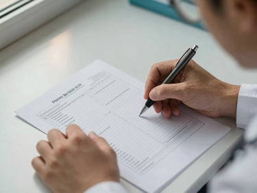 Overhead close-up of a physician's hands using a pen to annotate a dense medication record spread on a clinical desk, natural daylight from a nearby window, warm supplemental light, focused and purposeful framing, no faces visible—only hands and paper in sharp detail