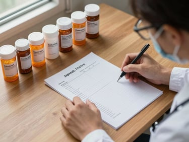 Overhead view of a clinician reviewing a printed medication list beside an array of prescription bottles on a wooden desk, soft directional daylight from a nearby window, hands visible annotating the document