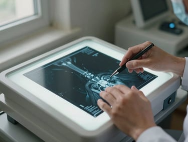 Close-up overhead shot of a physician's hands reviewing a bone density scan on a light box, natural window light from the left, muted clinical environment visible in soft focus behind