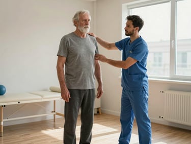 Wide shot of a physical therapist guiding an older adult patient through a standing balance assessment in a well-lit clinic room, natural window light from the right, both figures in genuine concentration